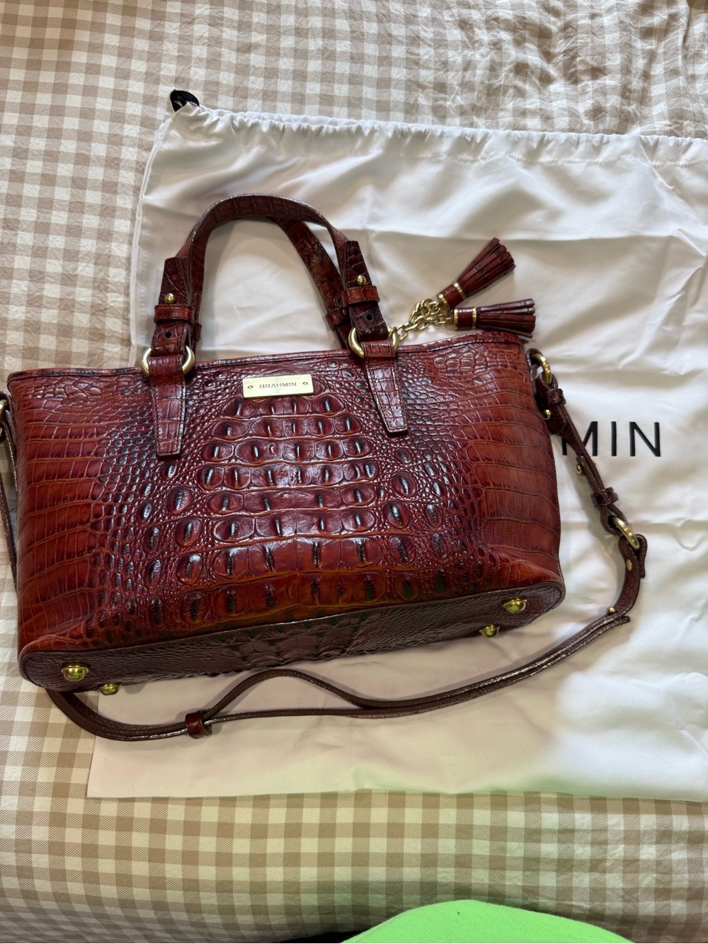 Brahmin Croc-Embossed Satchel in Pecan